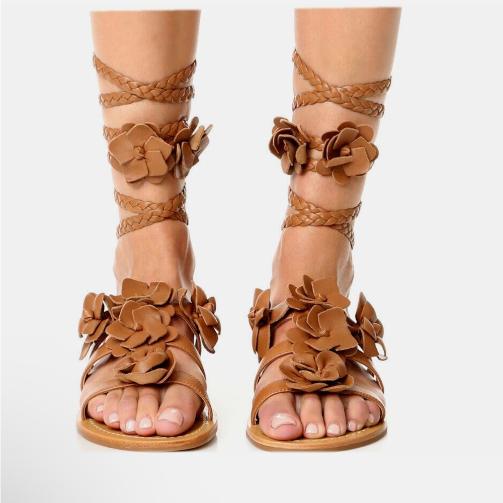 NWT Tory Burch Blossom Gladiator Sandals Brown Tan Floral Size 6.5